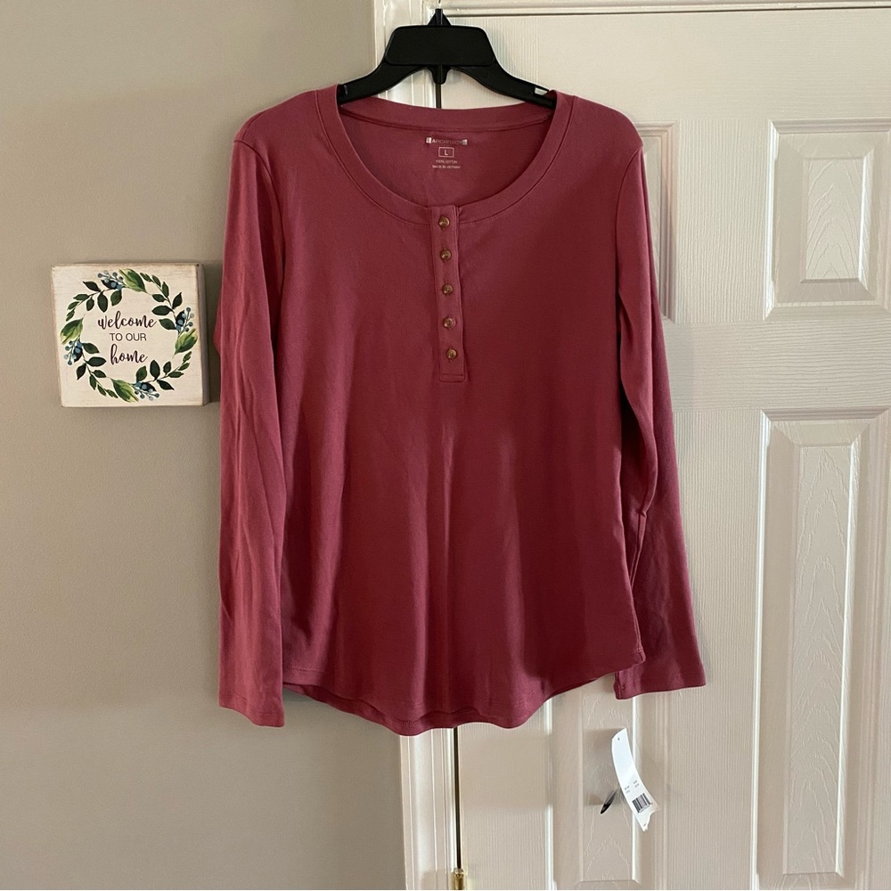 Architect Long Sleeve Button Front Shirt Scoop Neck Large Cotton Mauve Pink
